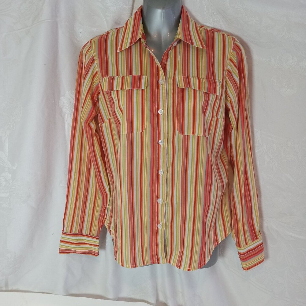Catherine Stewart Multi-Color Stripe Dress Shirt Button Small Rainbow USA Boho
